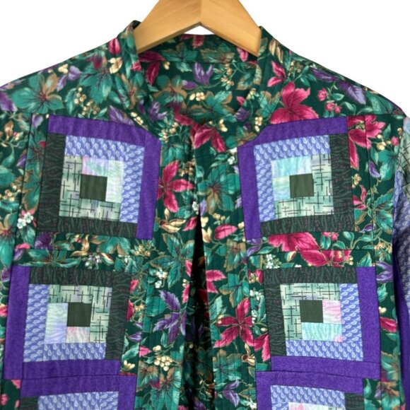 Handmade Quilted Patchwork Barn Jacket Green Purple Floral Log Cabin Size XL/1X - Picture 3 of 7